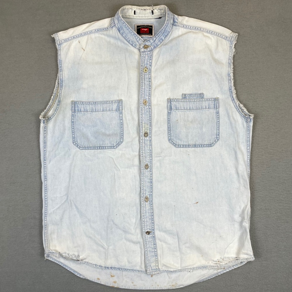 Wrangler Hero Denim Vest Mens L Light Wash Blue Distressed Stained Sleeveless